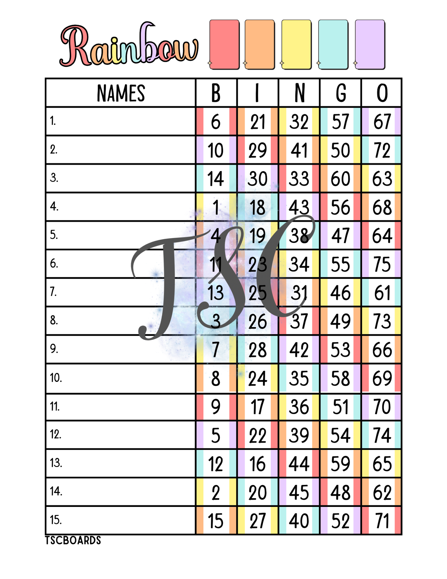 Rainbow Bingo Board 1-75 Ball
