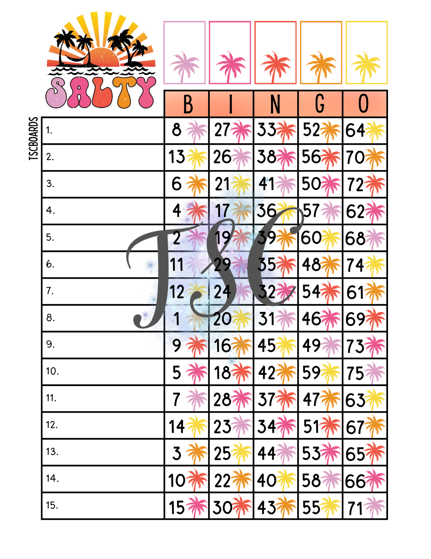 Salty Bingo Board 1-75 Ball 15 Lines