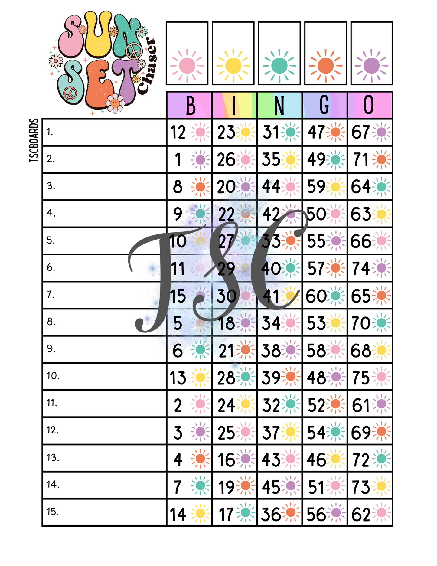 Sunset Chaser Bingo Board 1-75 Ball 15 Lines