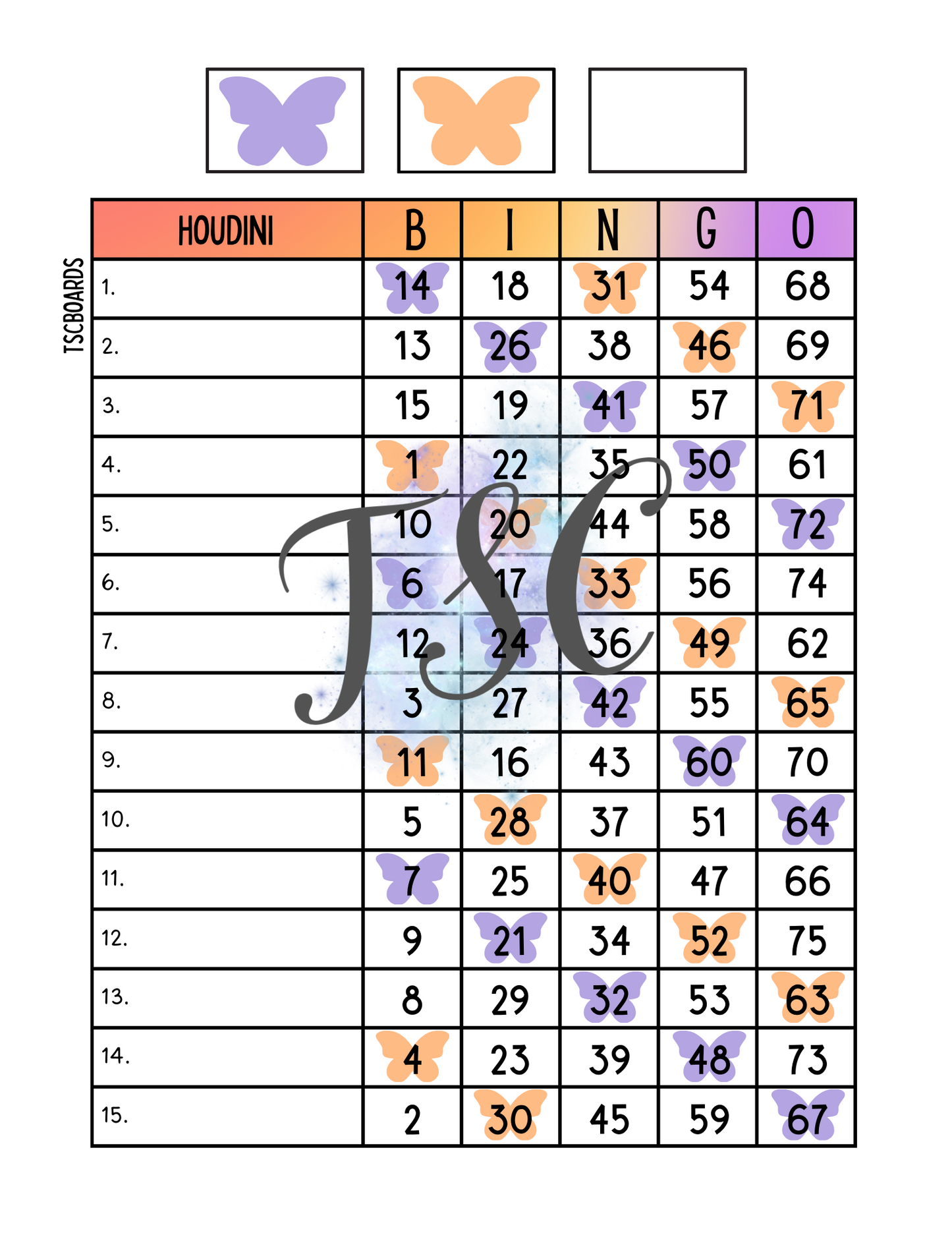 Butterfly Houdini Bingo Board 1-75 Ball 15 Lines