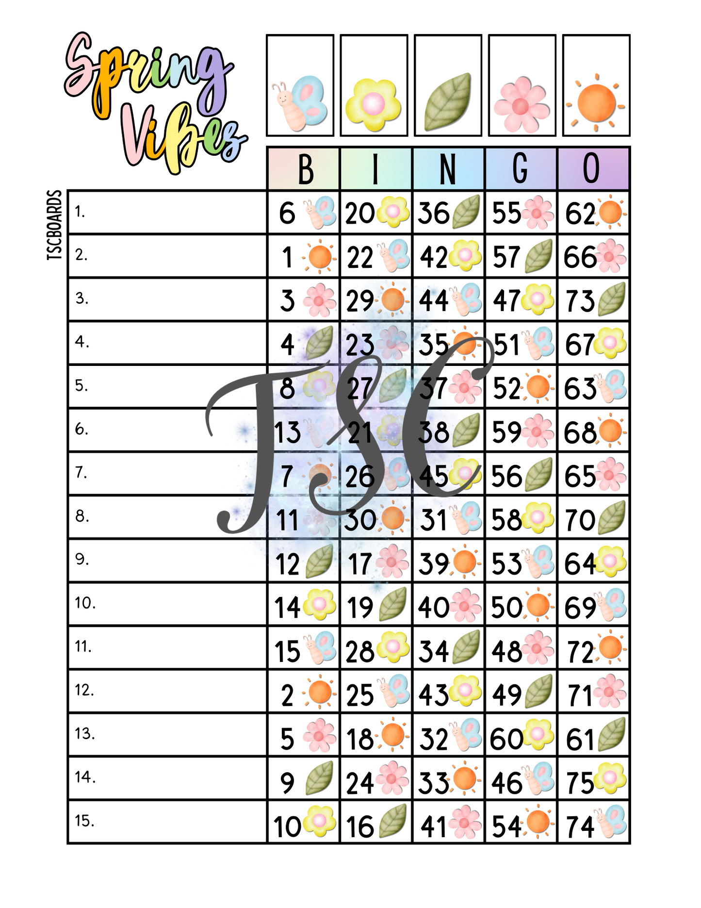 Spring Vibes Bingo Board 1-75 Ball 15 Lines