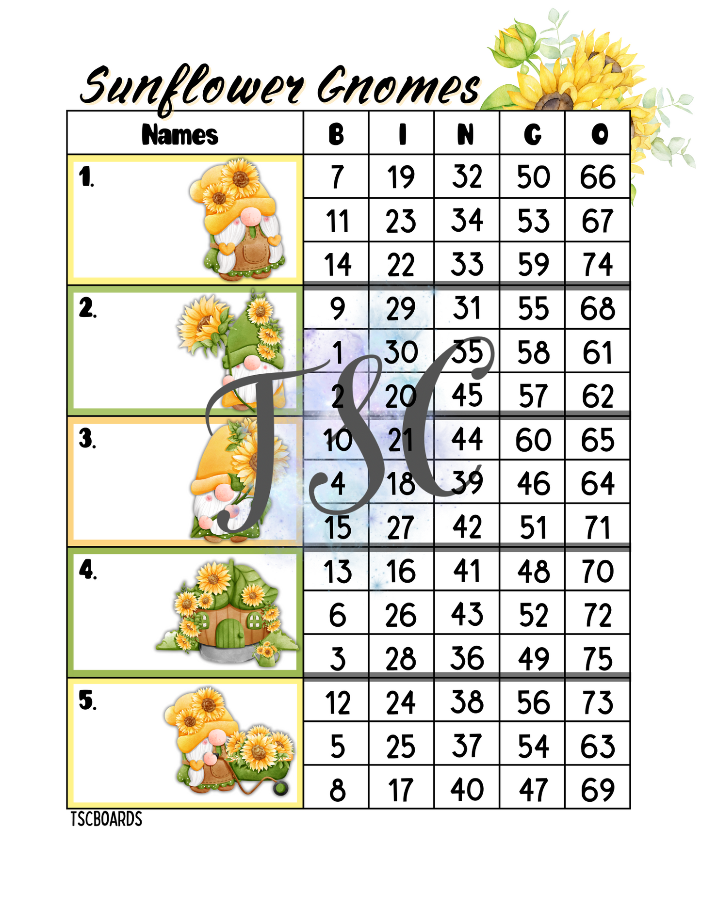 Sunflower Gnomes Block Bingo Board 1-75 Ball