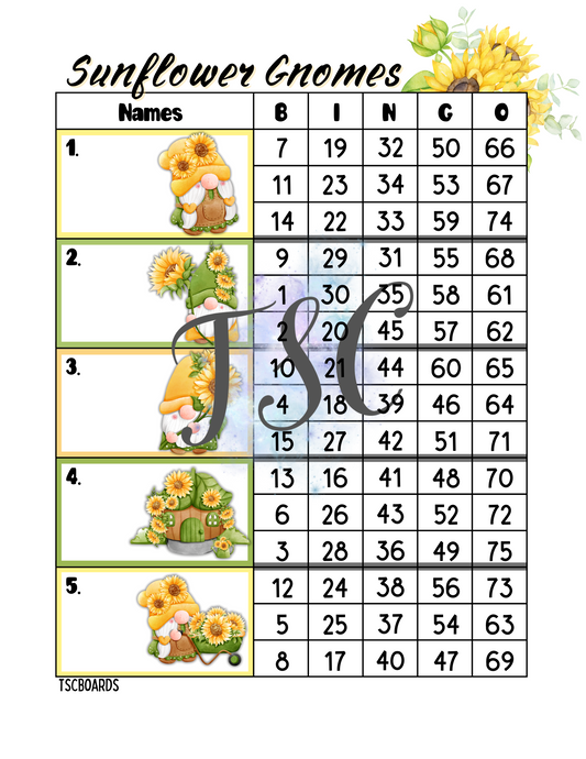 Sunflower Gnomes Block Bingo Board 1-75 Ball