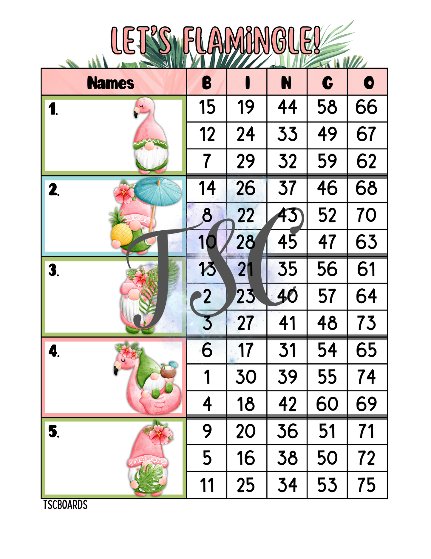 Let’s Flamingle Block Bingo Board 1-75 Ball