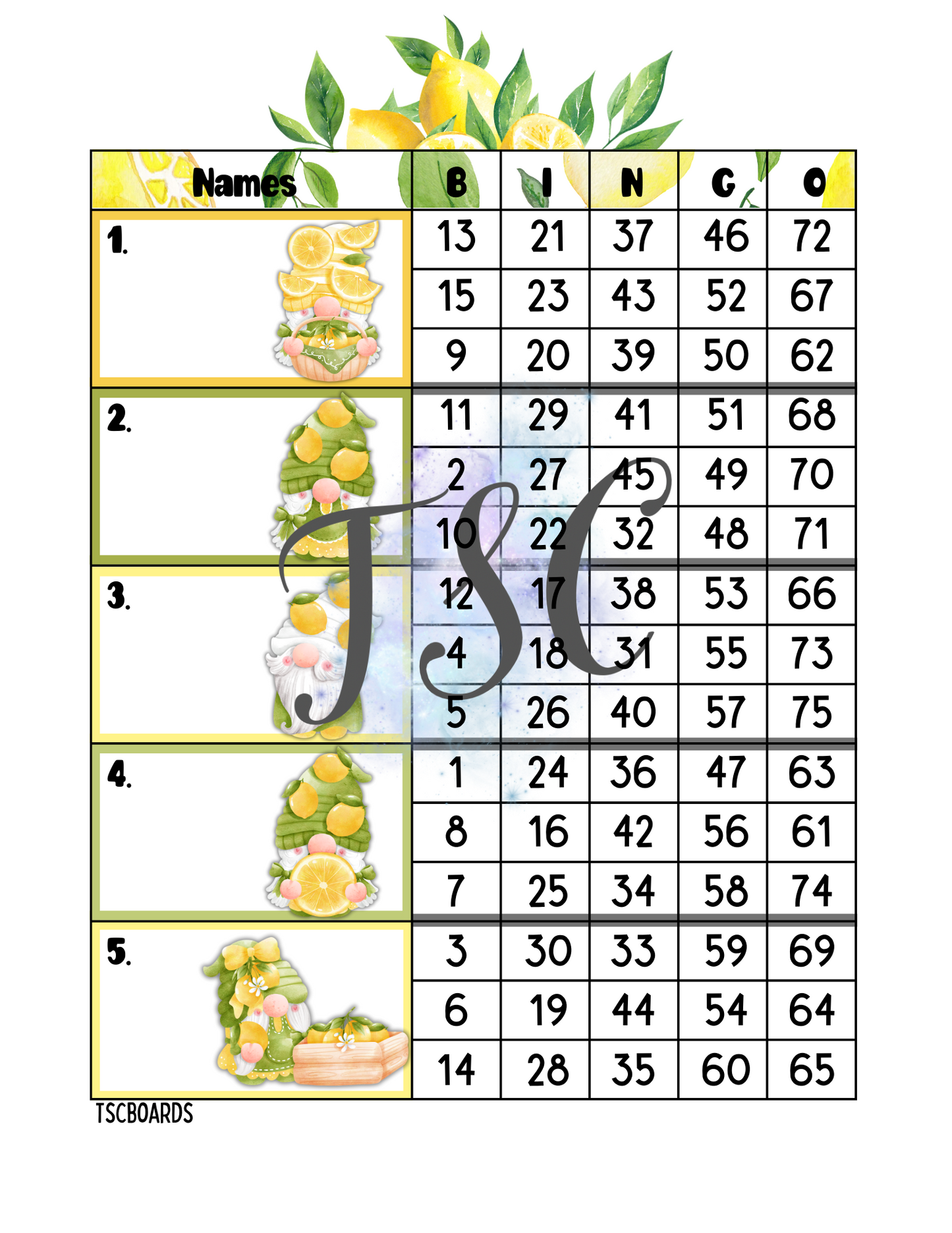 Lemon Gnomes Block Bingo Board 1-75 Ball
