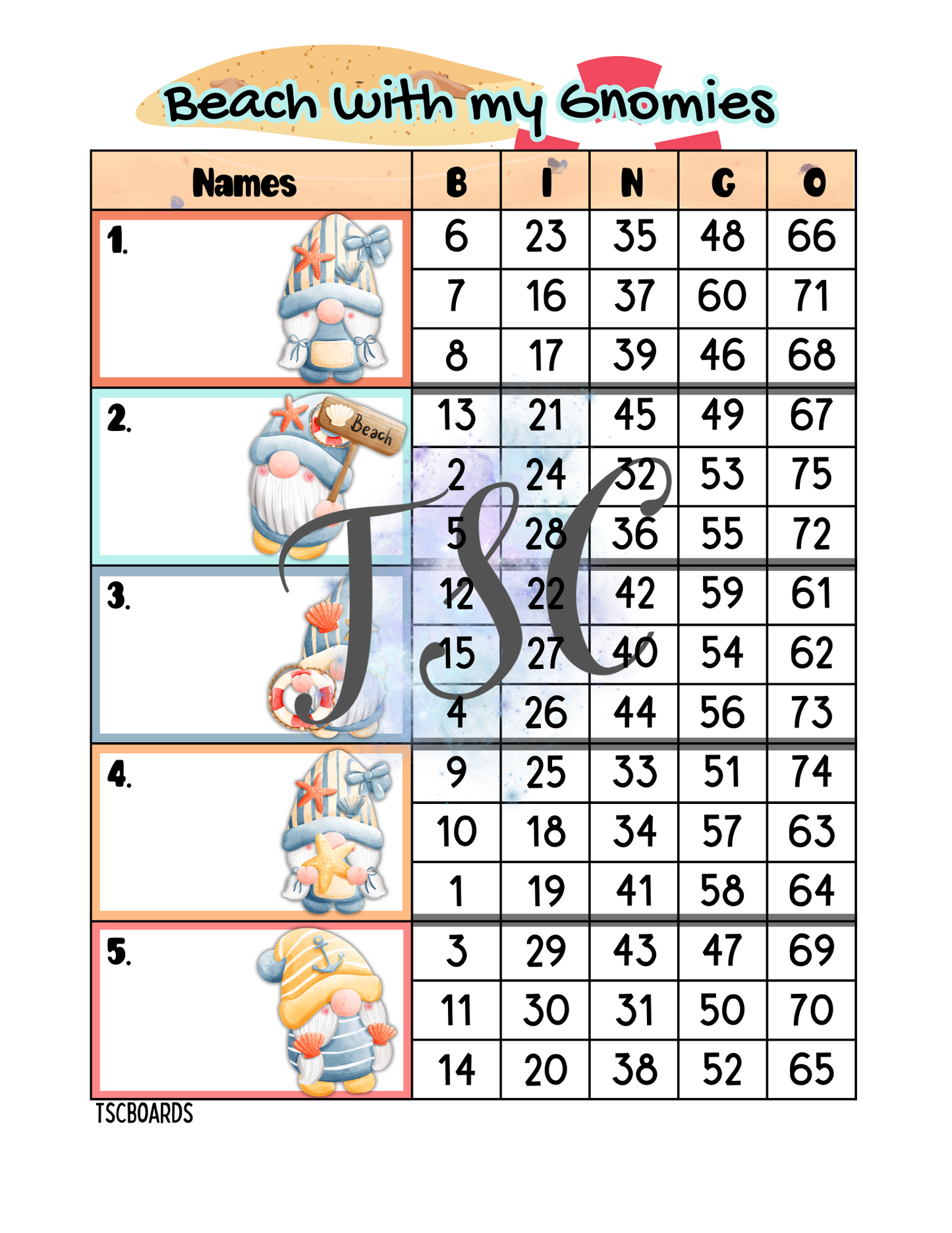 Beach With My Gnomies Block Bingo Board 1-75 Ball
