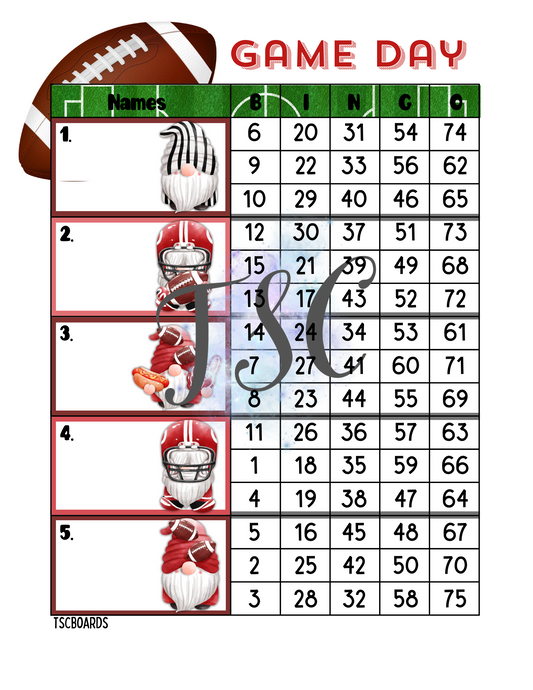 Game Day Red Gnomes Block Bingo Board 1-75 Ball