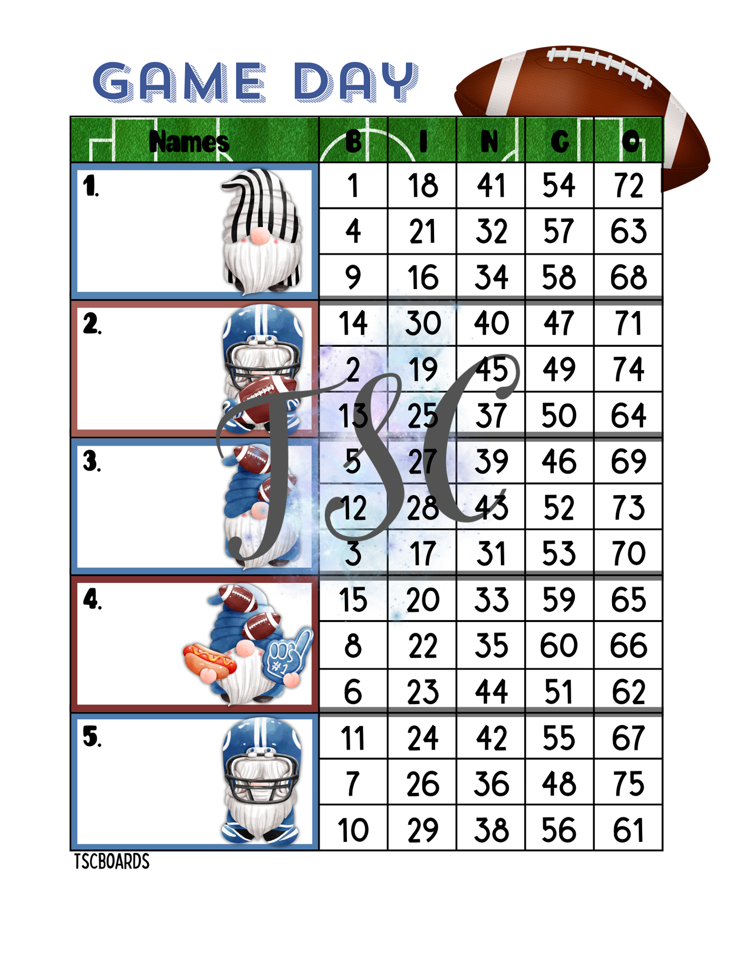 Game Day Blue Gnomes Block Bingo Board 1-75 Ball