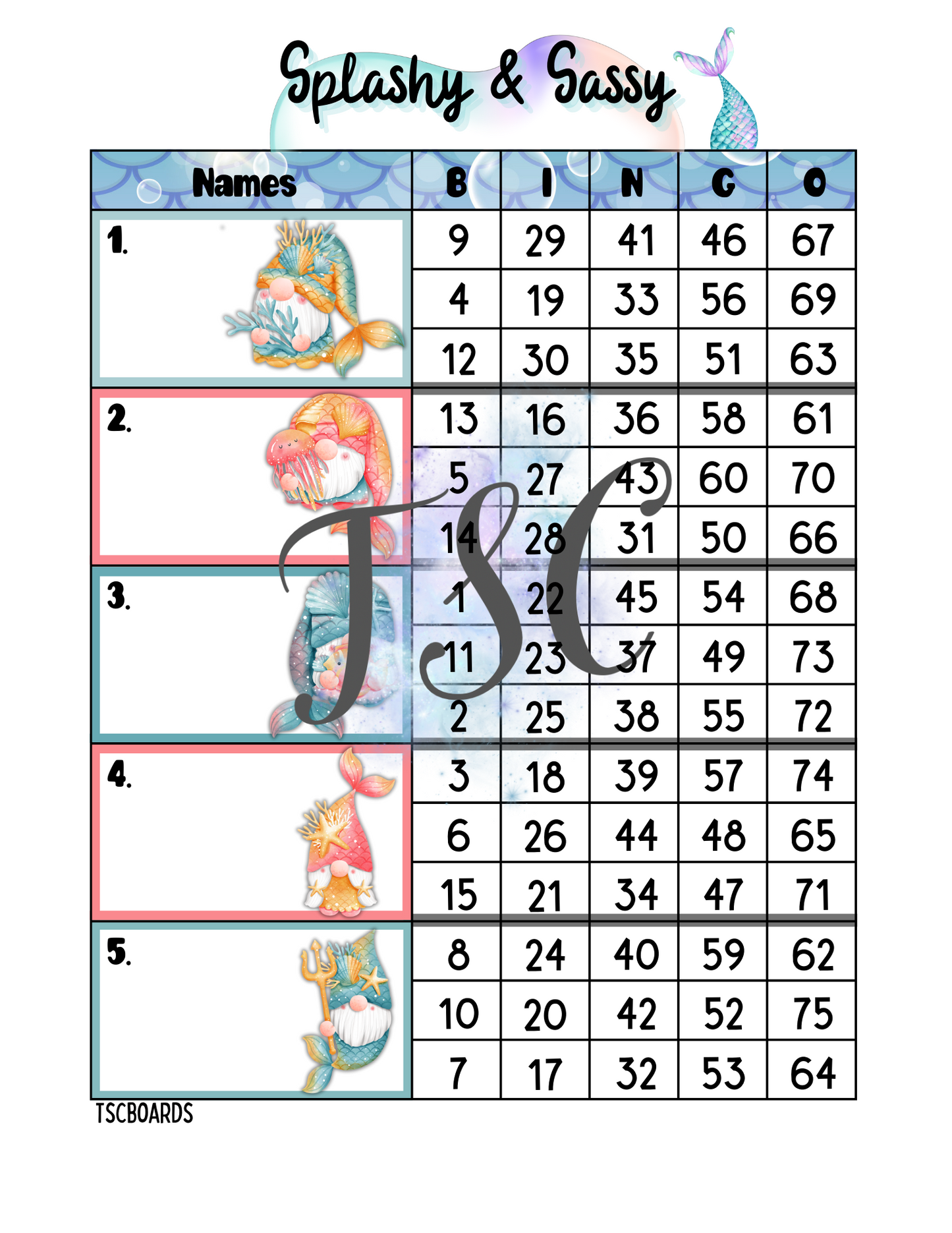 Splashy & Sassy Block Bingo Board 1-75 Ball