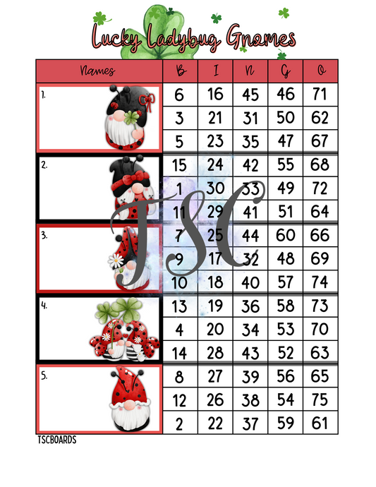 Lucky Ladybug Gnomes Block Bingo Board 1-75 Ball