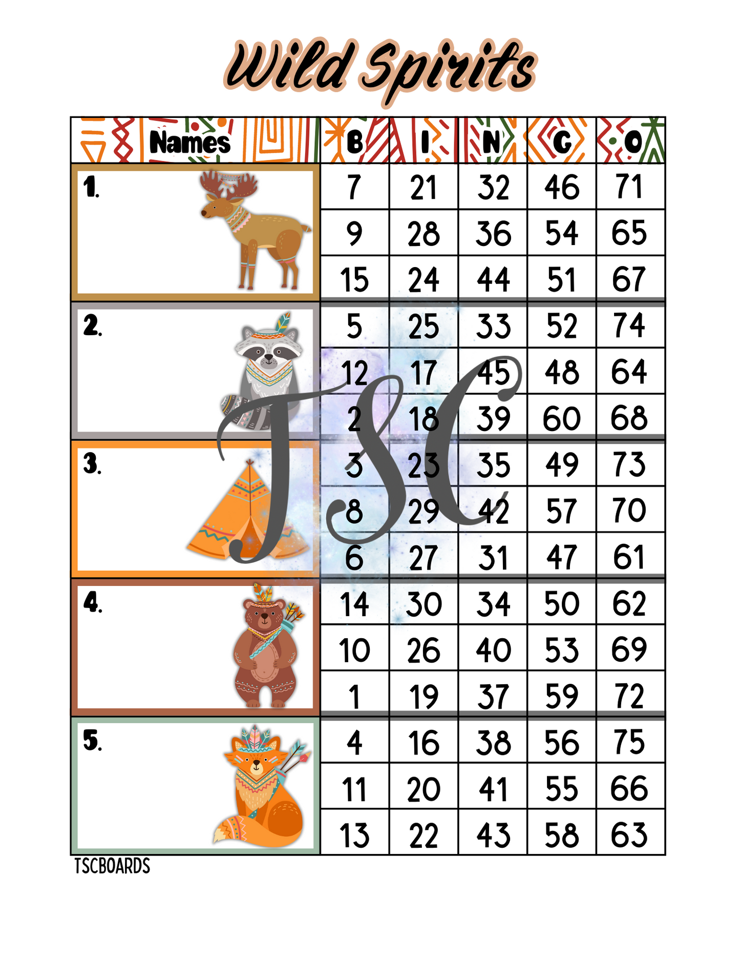 Wild Spirits Block Bingo Board 1-75 Ball