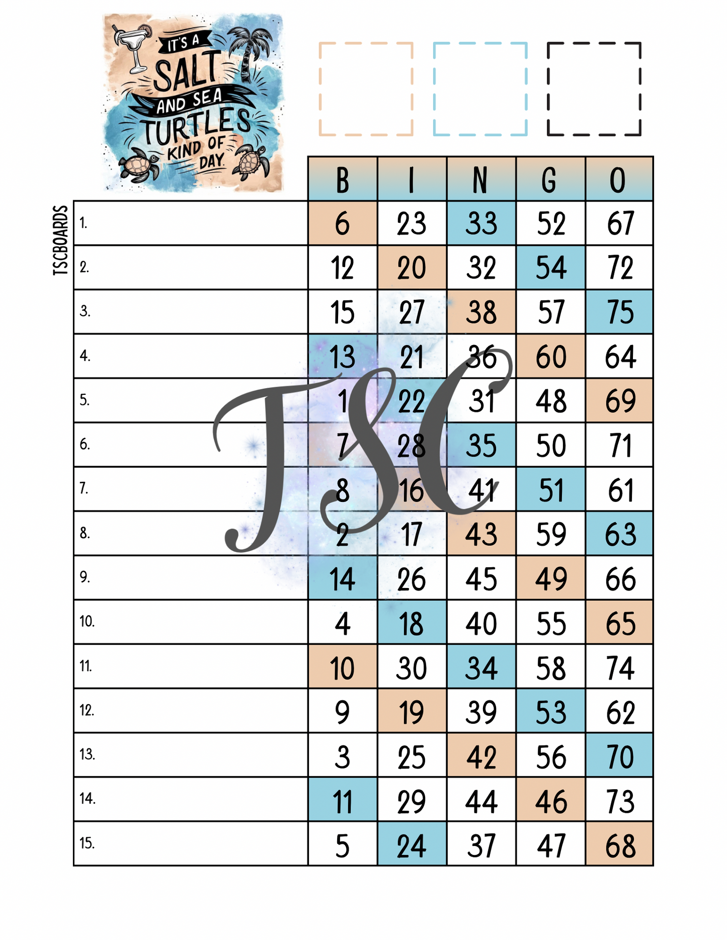 Salt & Sea Turtles Bingo Board 1-75 Ball