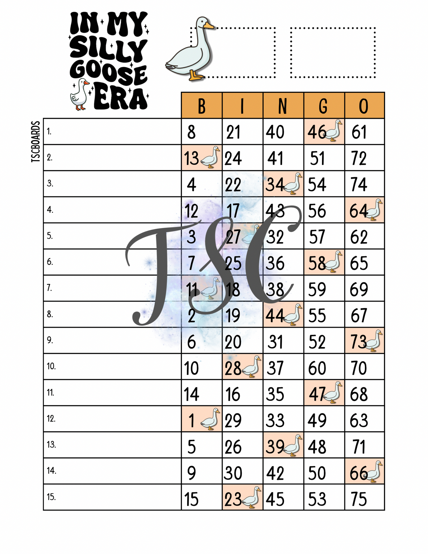 In My Silly Goose Era Bingo Board 1-75 Ball