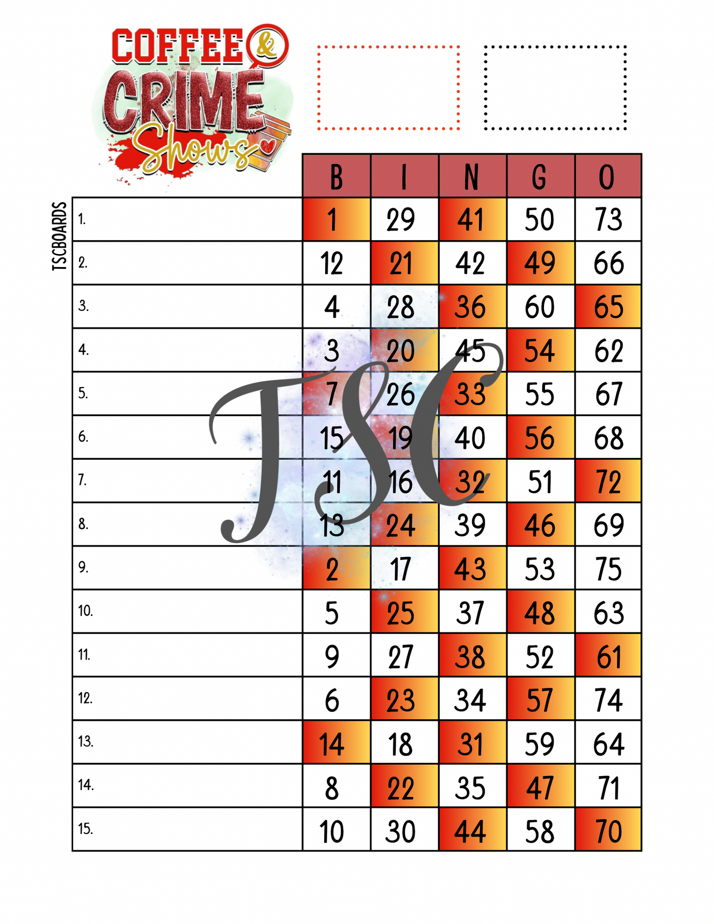 Coffee & Crime Shows Bingo Board 1-75 Ball