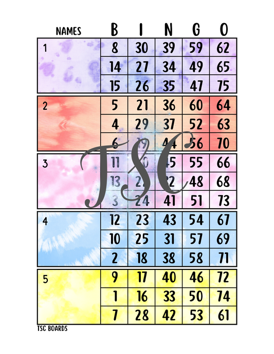 Tie-dye Block Bingo Board 1-75 Ball