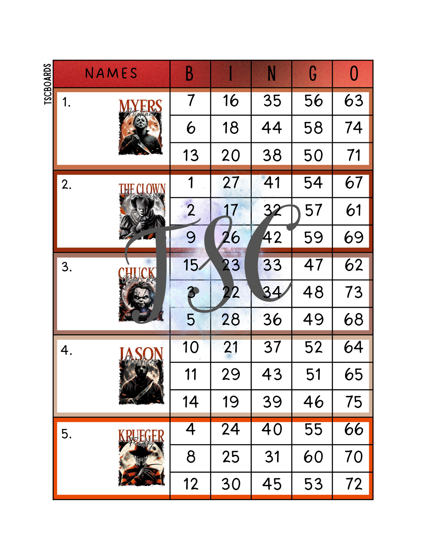 Horror Killers Block Bingo Board 1-75 Ball