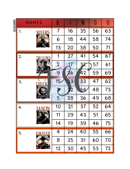 Horror Killers Block Bingo Board 1-75 Ball