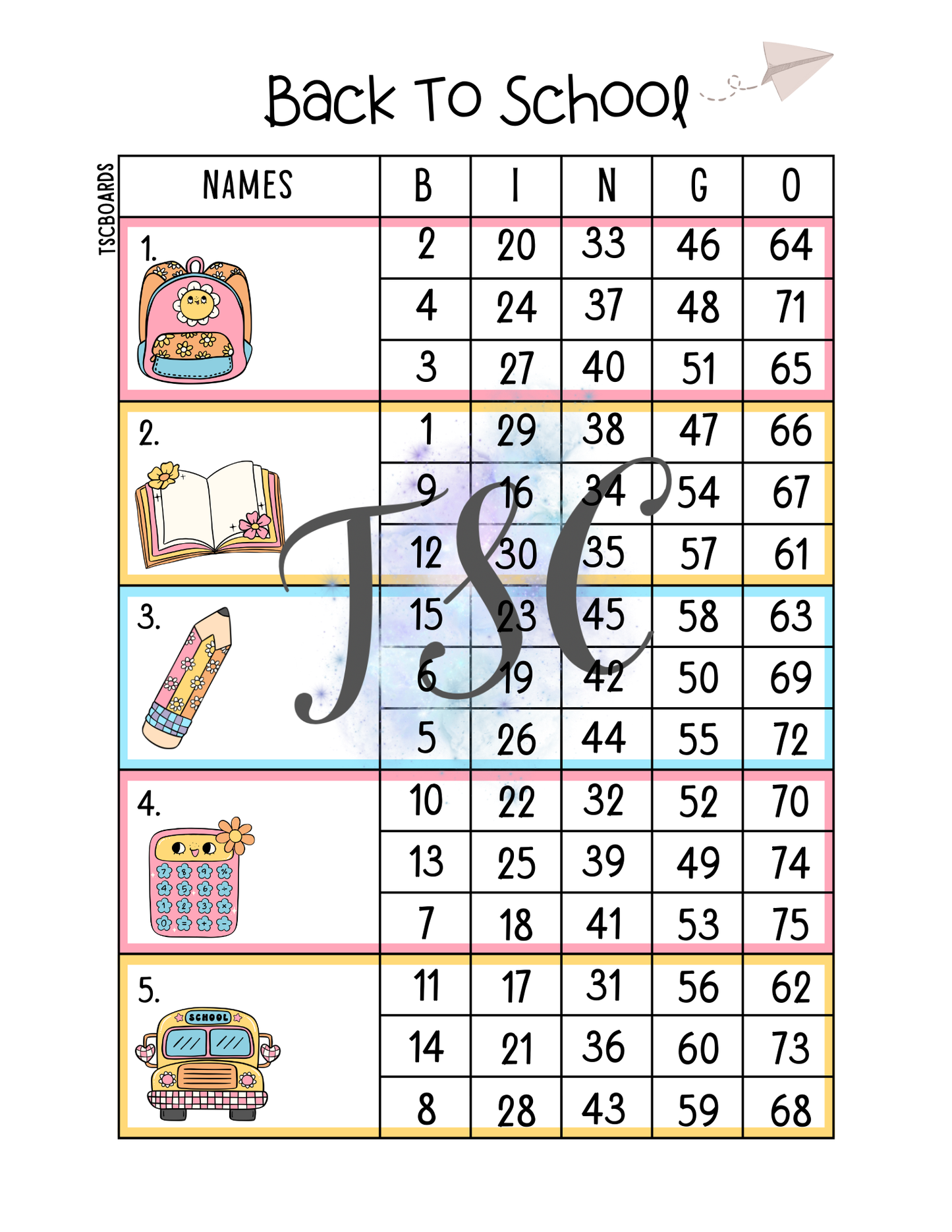 Back To School Block Bingo Board 1-75 Ball