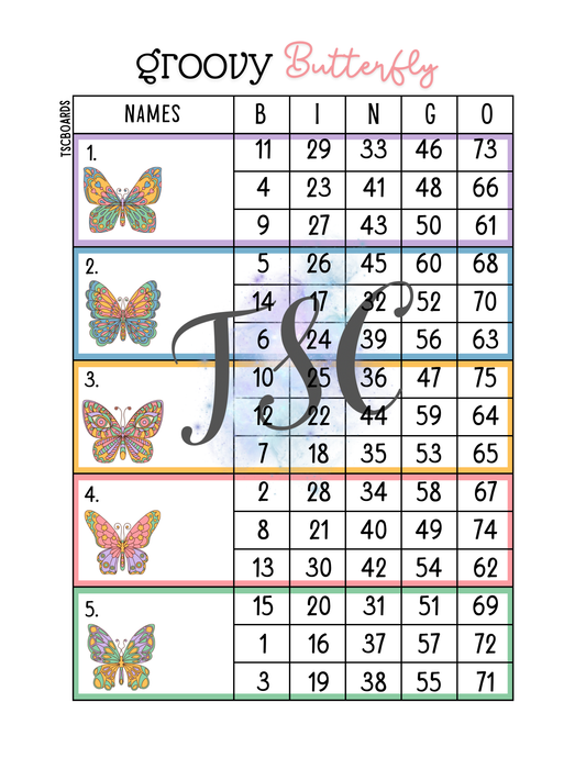Groovy Butterfly Block Bingo Board 1-75 Ball