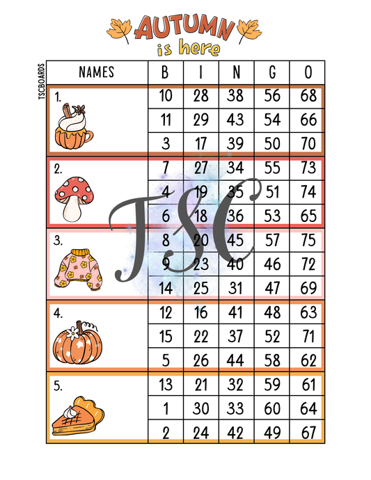 Autumn Is Here Block Bingo Board 1-75 Ball