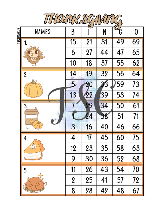 Thanksgiving Block Bingo Board 1-75 Ball