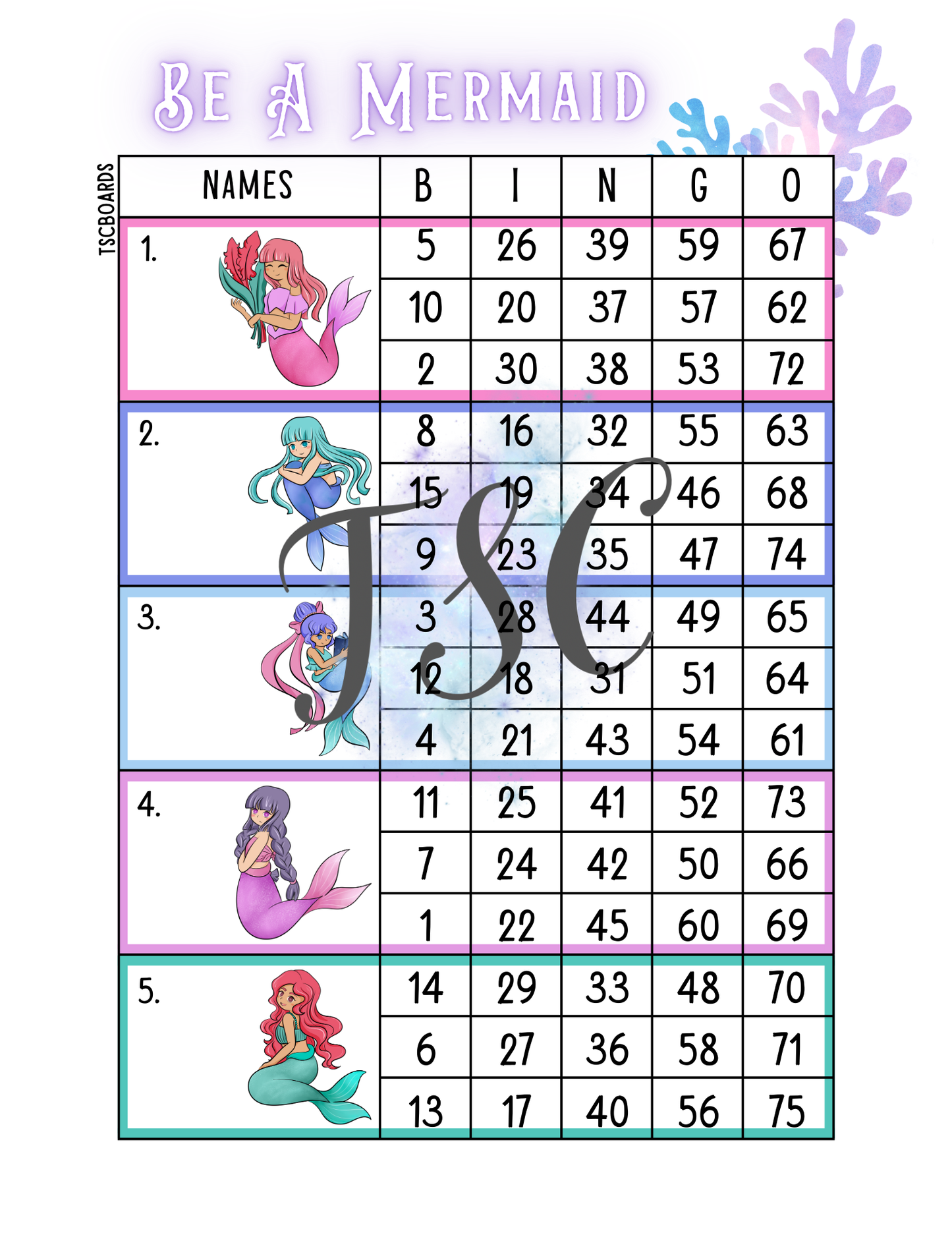 Be A Mermaid Block Bingo Board 1-75 Ball