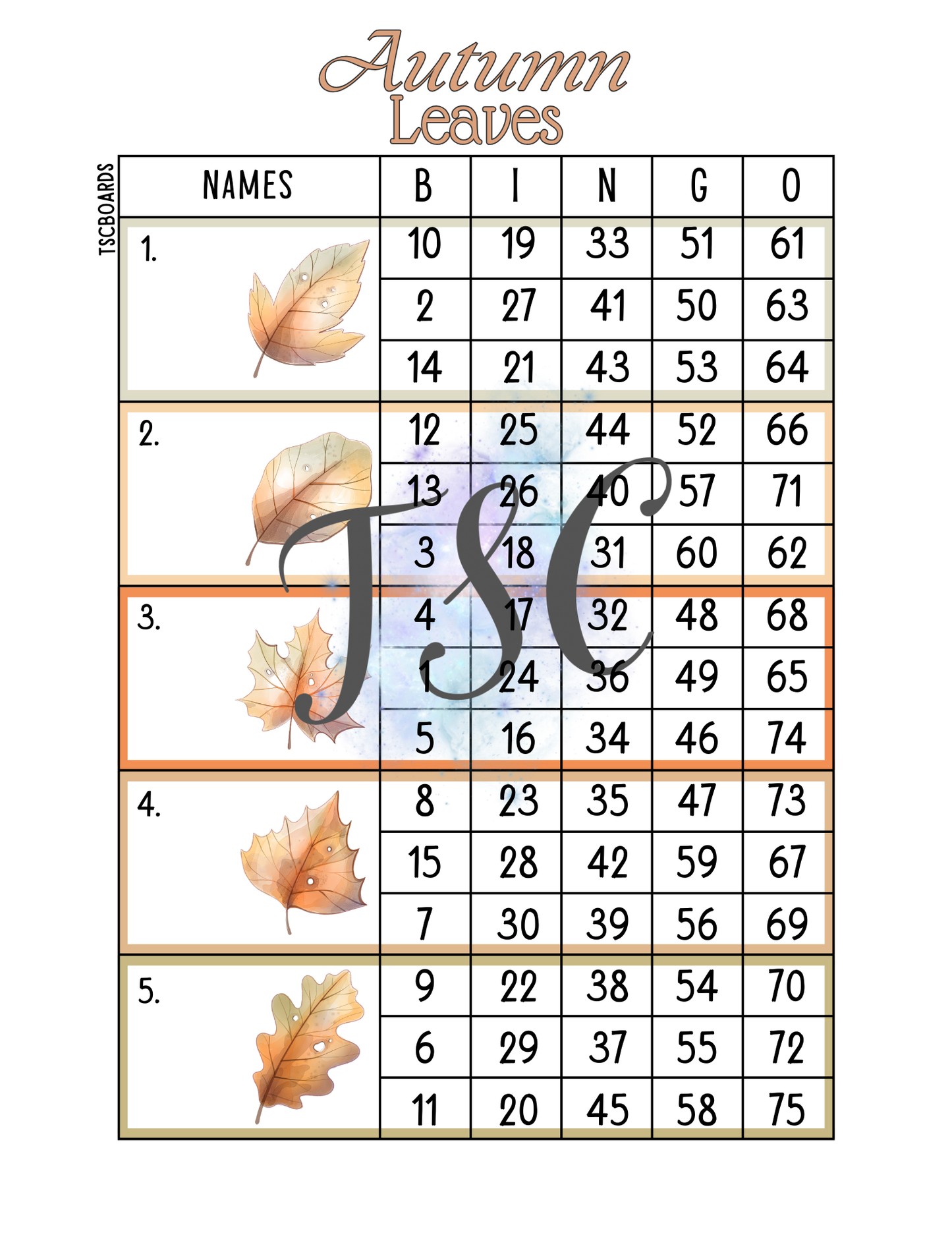 Autumn Leaves Block Bingo Board 1-75 Ball