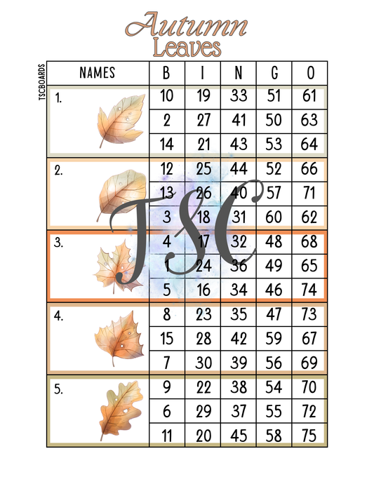 Autumn Leaves Block Bingo Board 1-75 Ball