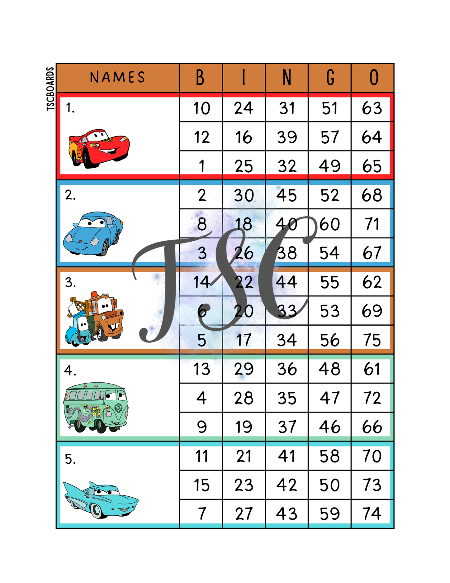 Cars Block Bingo Board 1-75 Ball
