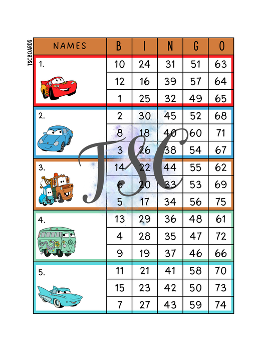 Cars Block Bingo Board 1-75 Ball