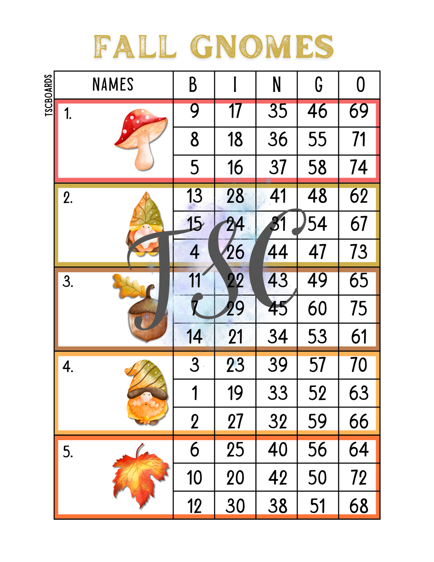 Fall Gnomes Block Bingo Board 1-75 Ball