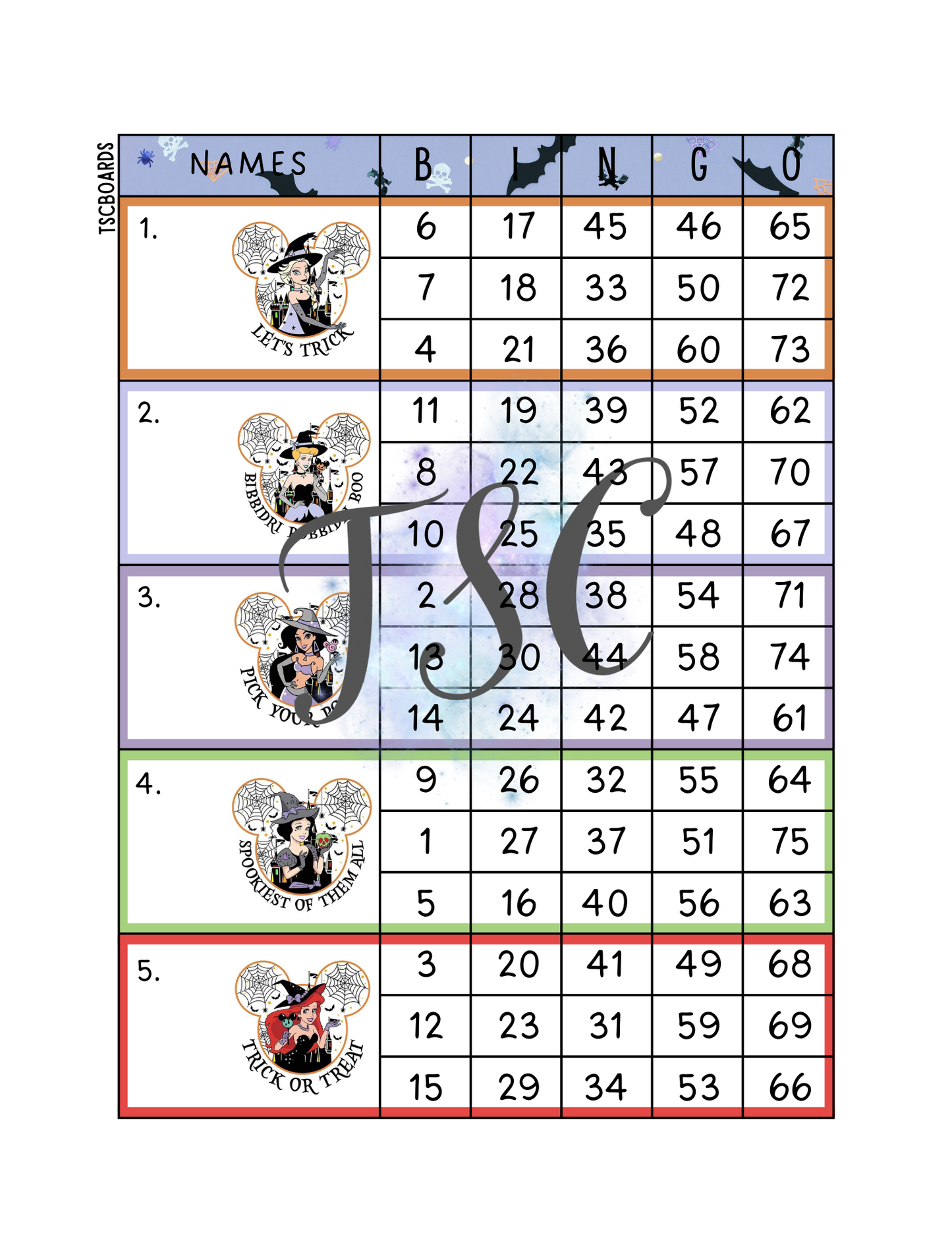 Spooky Princess Block Bingo Board 1-75 Ball