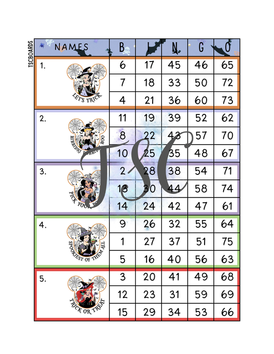 Spooky Princess Block Bingo Board 1-75 Ball