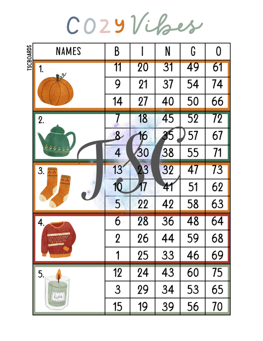 Cozy Vibes Block Bingo Board 1-75 Ball