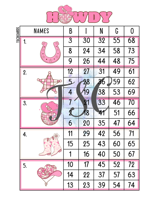 Pink Howdy Block Bingo Board 1-75 Ball