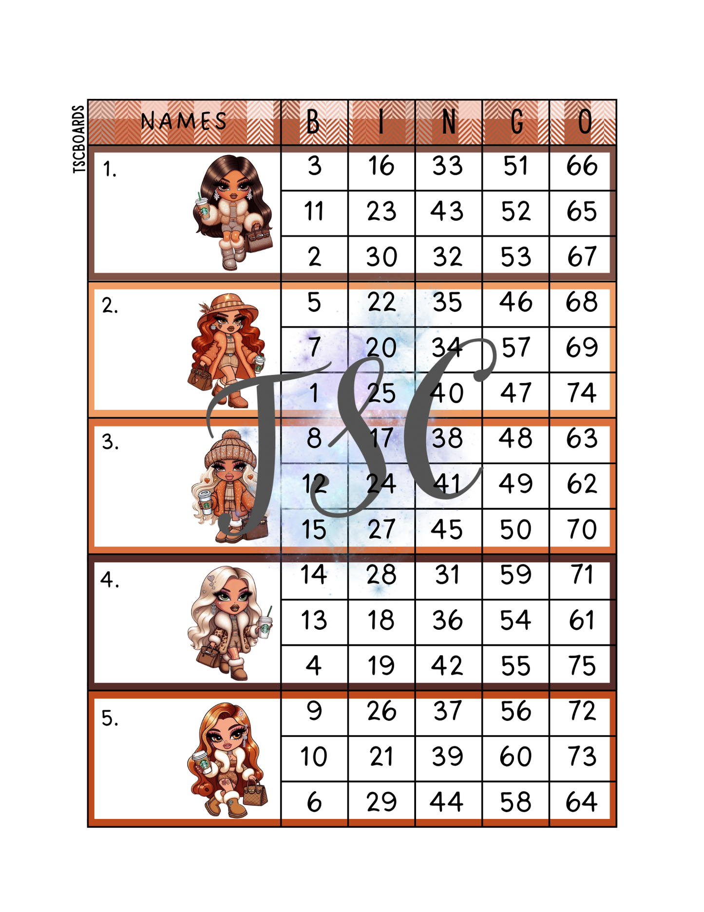 Autumn Bratz Block Bingo Board 1-75 Ball