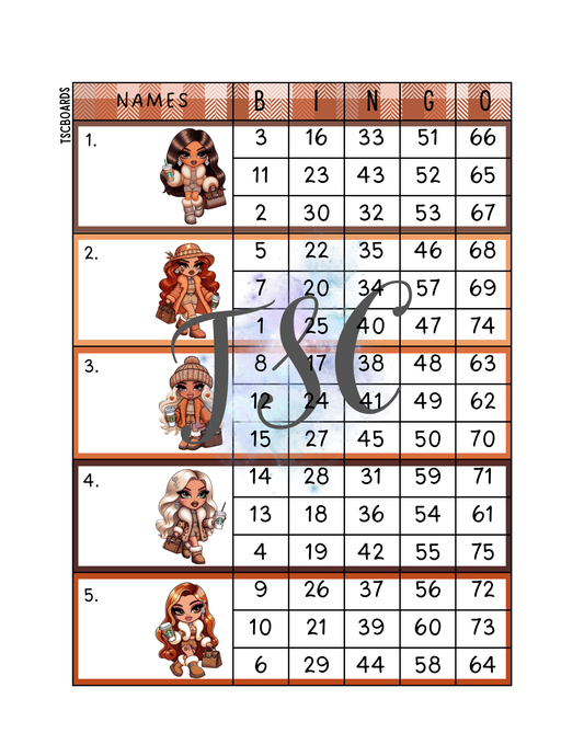 Autumn Bratz Block Bingo Board 1-75 Ball