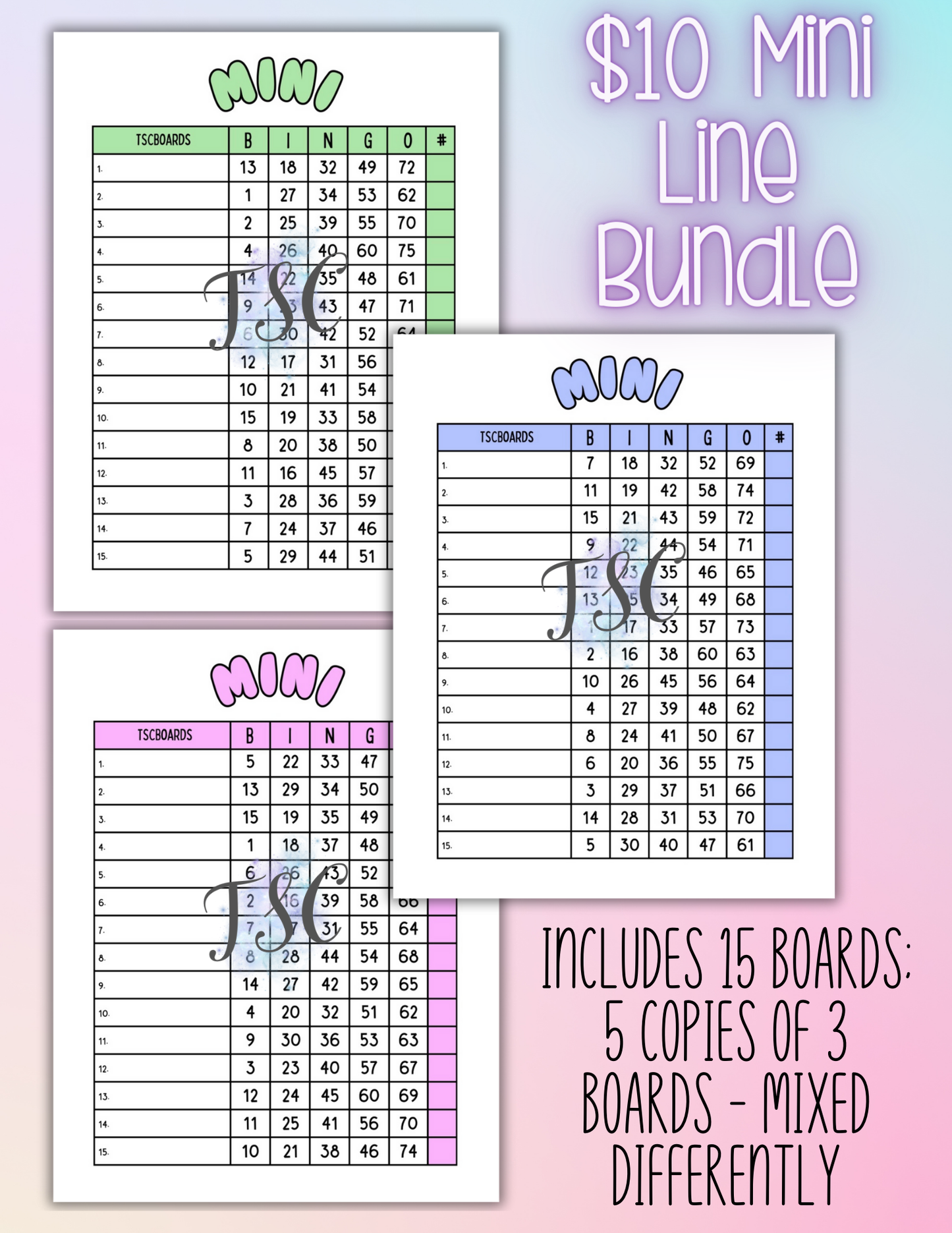 Mini Bundle - 15 Mixed Bingo Boards 1-75 Ball 1-15 Line