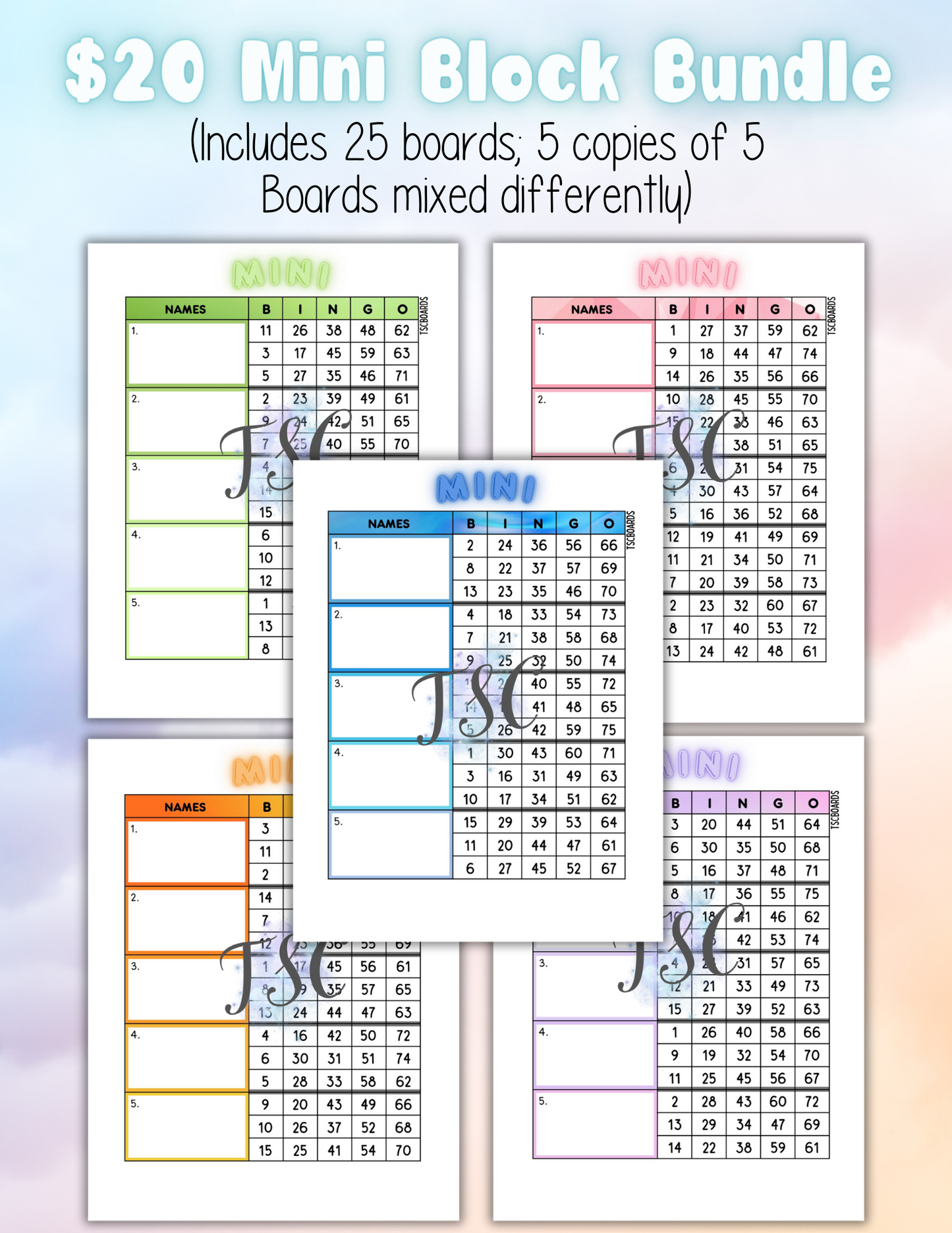 Mini Block Bundle - 25 Mixed Bingo Boards 1-75 Ball