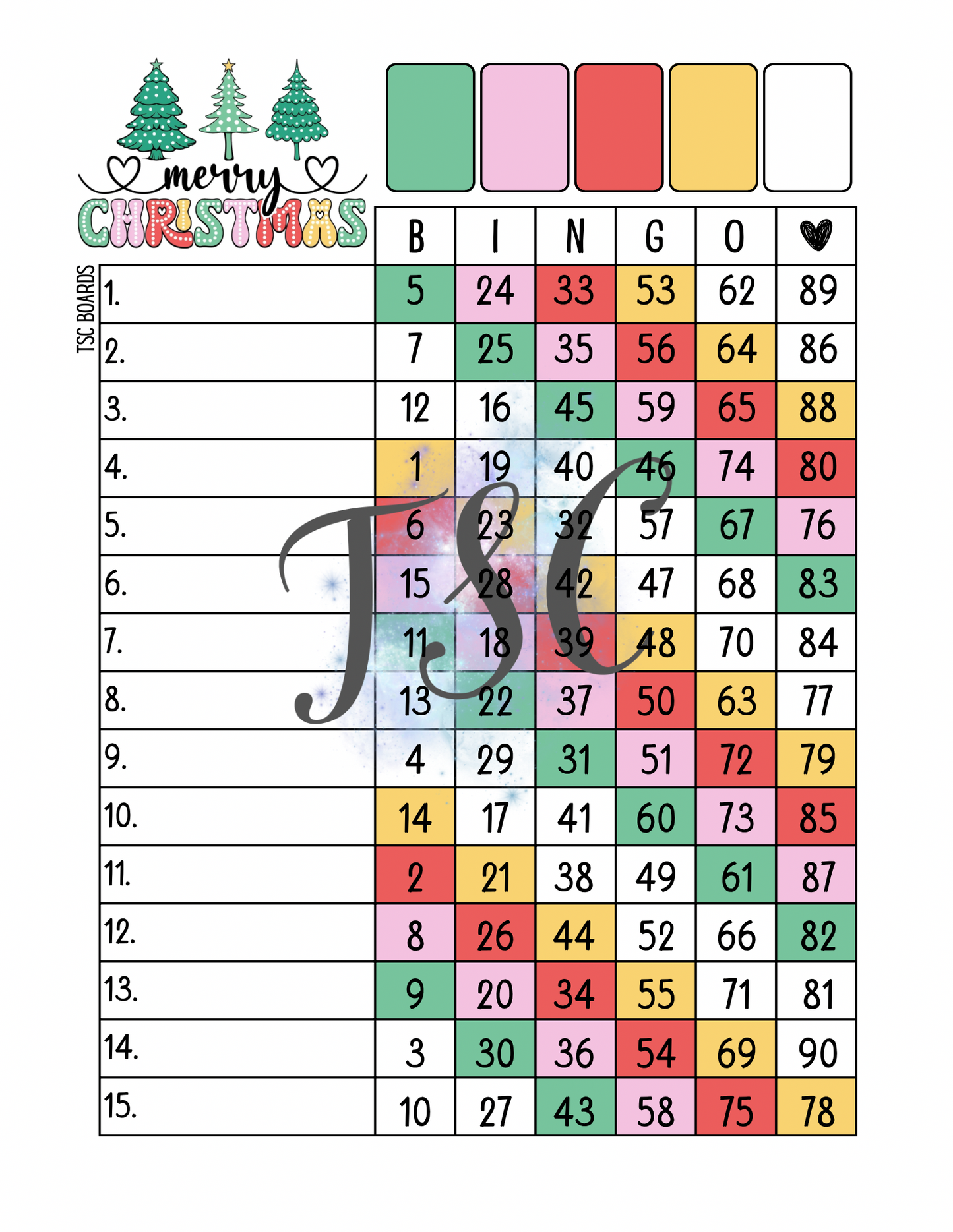 Merry Christmas Bingo Board 1-90 Ball