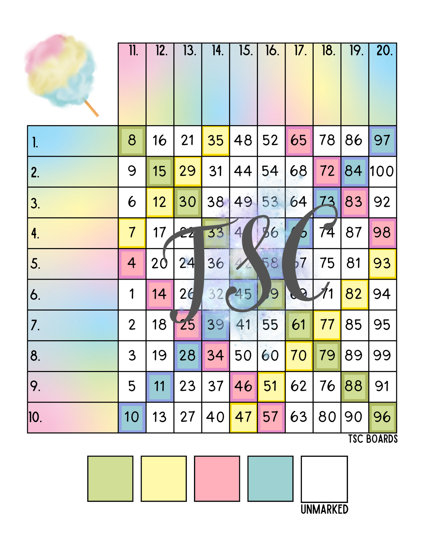 Cotton Candy Grid Bingo Board 1-100 Ball