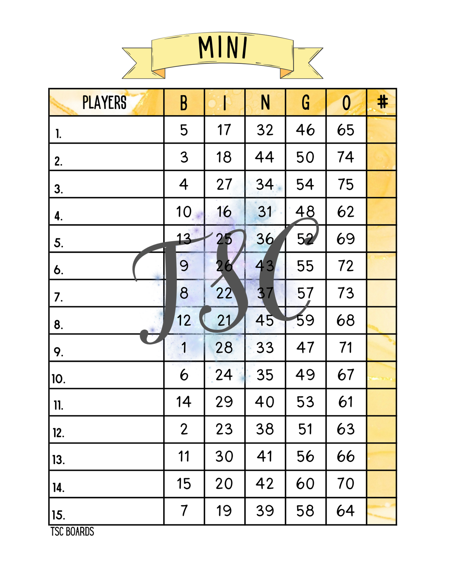 Mini Yellow Bingo Board 1-75 Ball