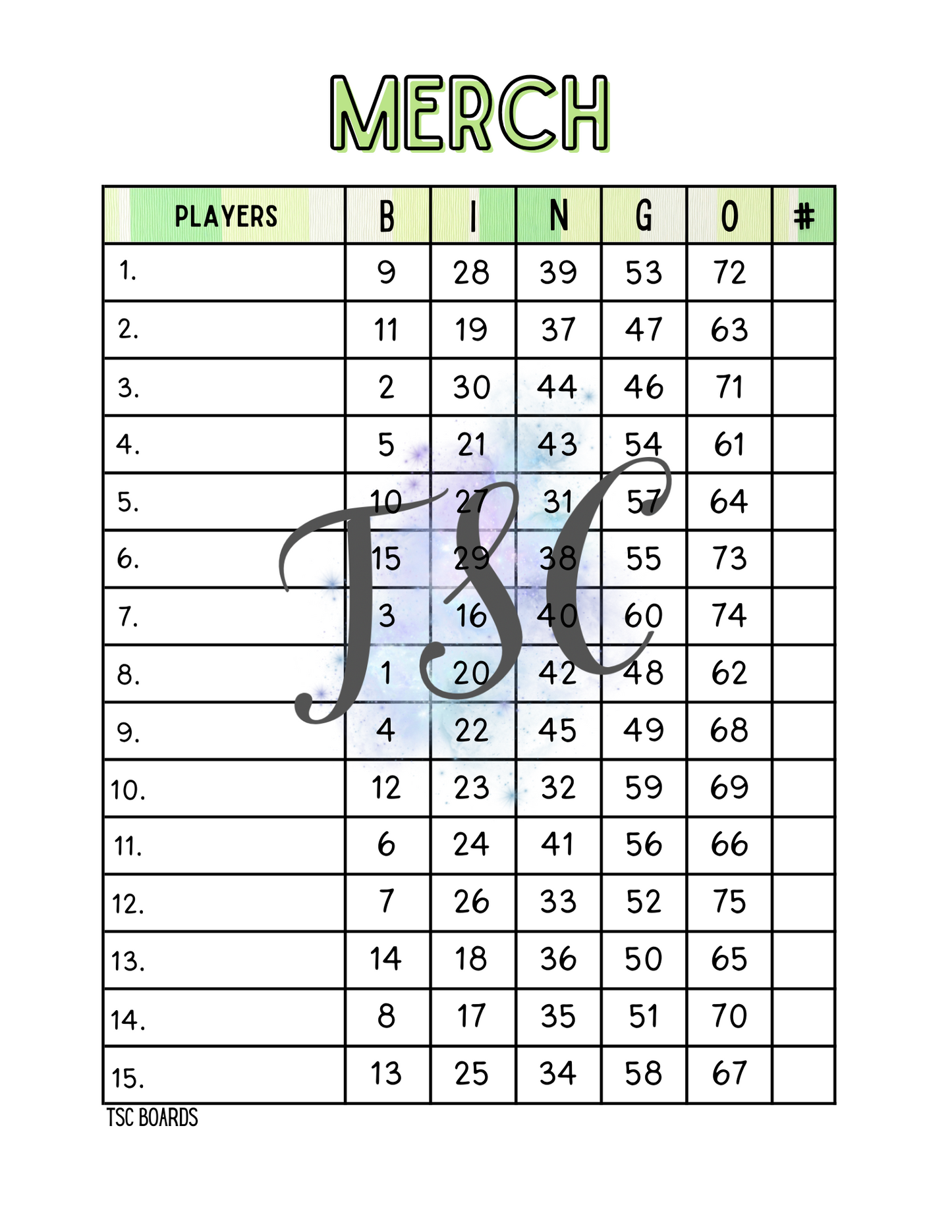 Merch Green Bingo Board 1-75 Ball
