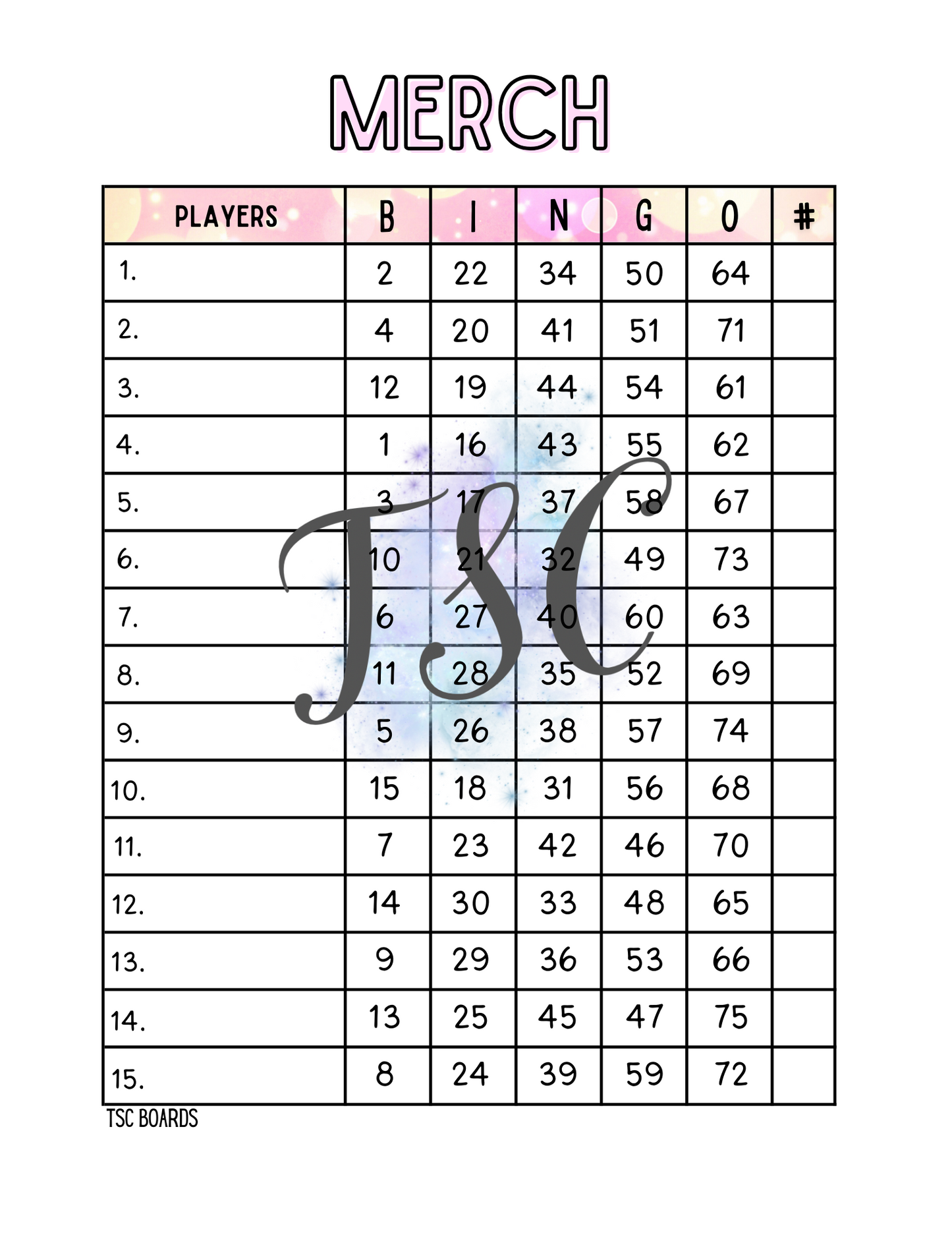 Merch Pink Bingo Board 1-75 Ball