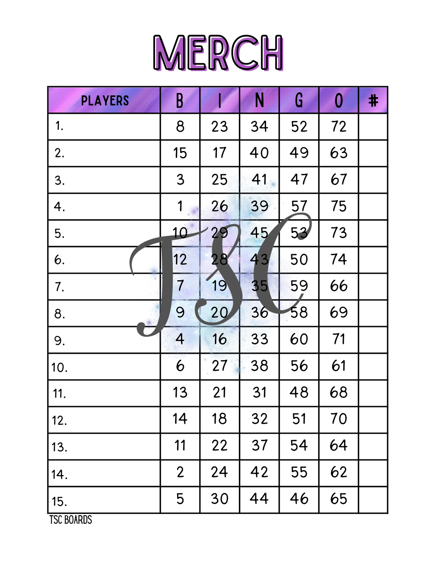 Merch Purple Bingo Board 1-75 Ball