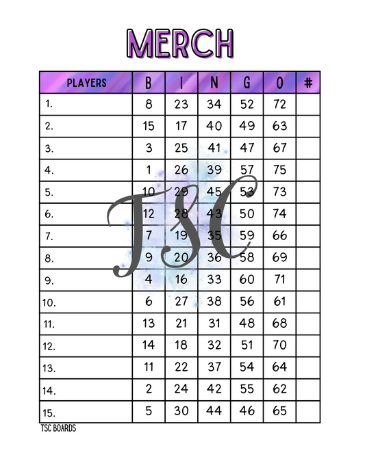 Merch Purple Bingo Board 1-75 Ball