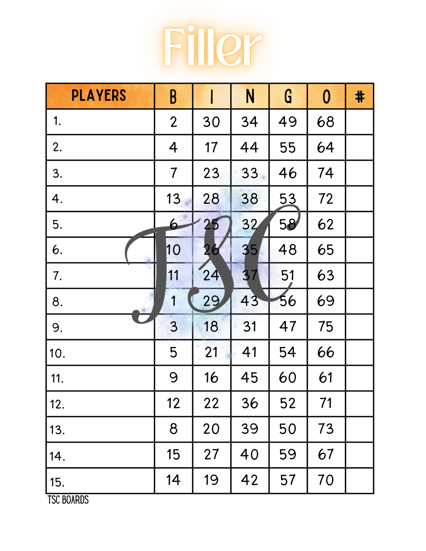 Filler Orange Bingo Board 1-75 Ball