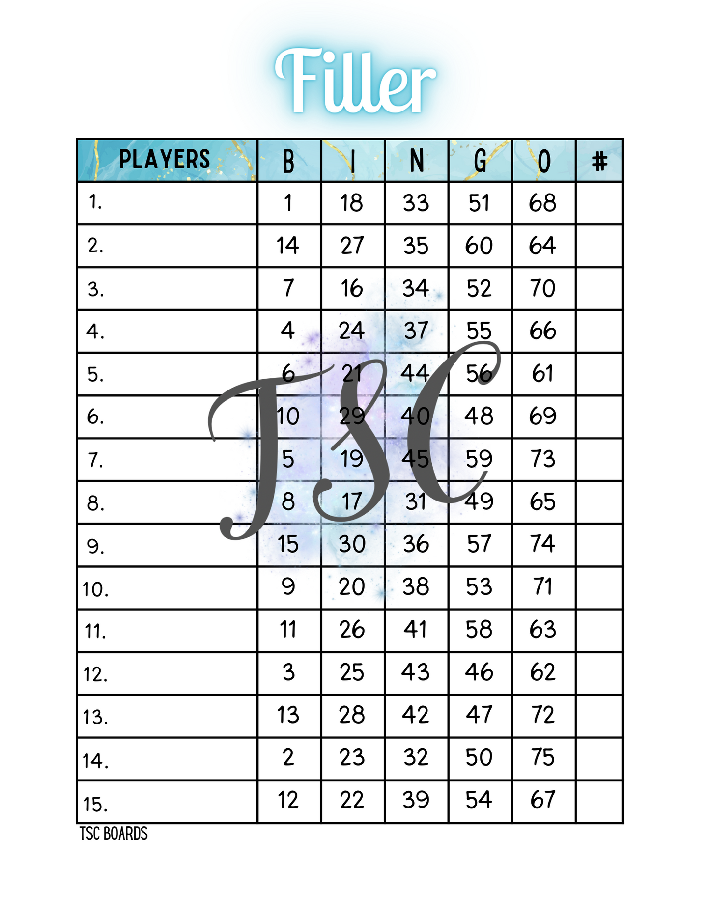 Filler Blue Bingo Board 1-75 Ball