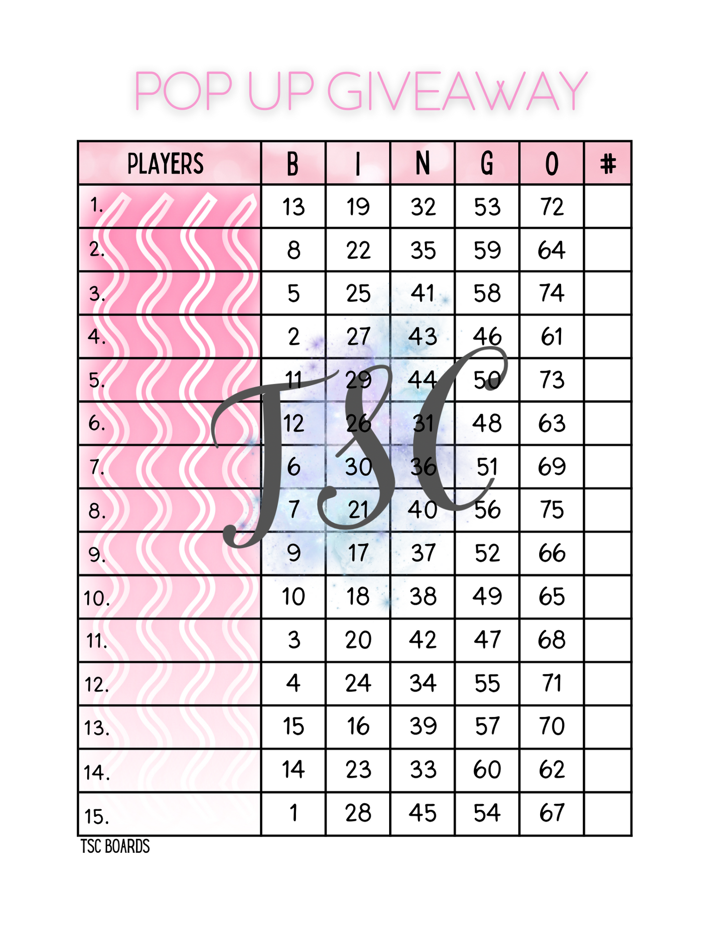Pop Up Giveaway Bingo Board 1-75 Ball