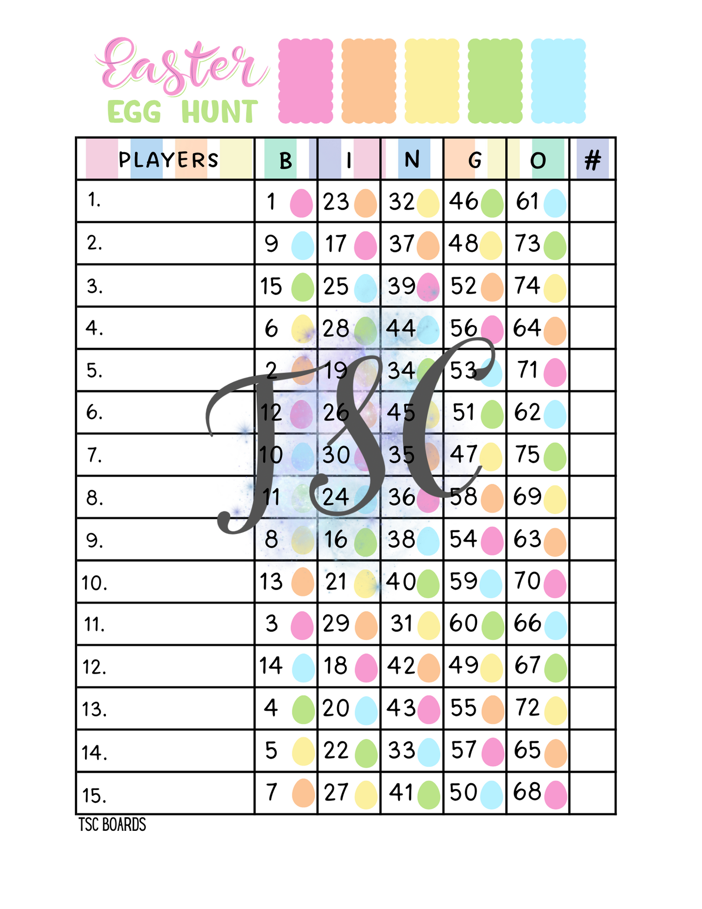 Easter Egg Hunt Bingo Board 1-75 Ball